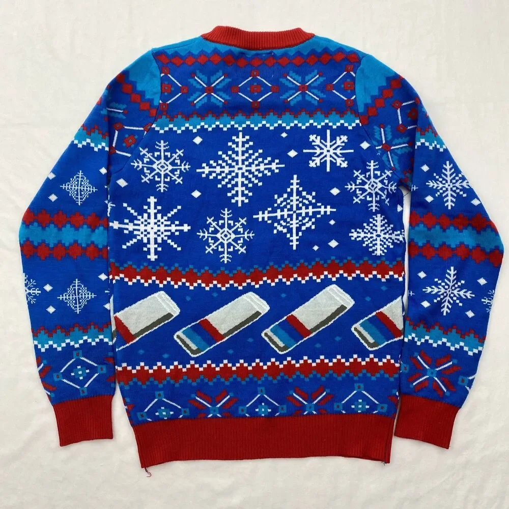 Tipsy Elves Ugly Christmas Sweater Mens Small Blue Red Natural Light Beer Party